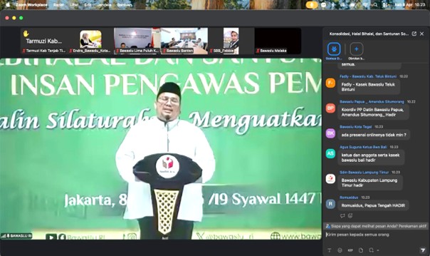 Rapat Konsolidasi, Halal Bihalal, dan Santunan Sosial Insan Pengawas Pemilu yang digelar oleh Bawaslu RI secara daring melalui Zoom Meeting, Rabu (08/04/2026).