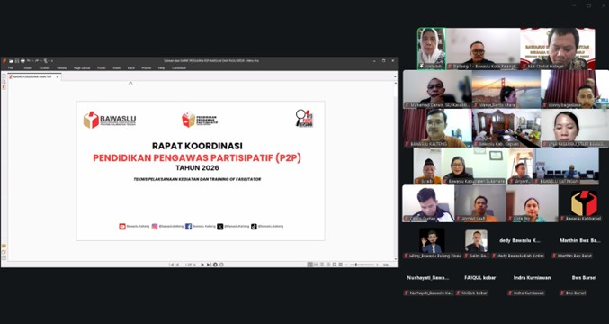Rapat Koordinasi Pelaksanaan Pendidikan Pengawas Partisipatif (P2P) Tahun 2026 dan Training of Fasilitator via zoom yang diselenggarakan oleh Bawaslu Provinsi Kalimantan Tengah, Kamis (21/05/2026)
