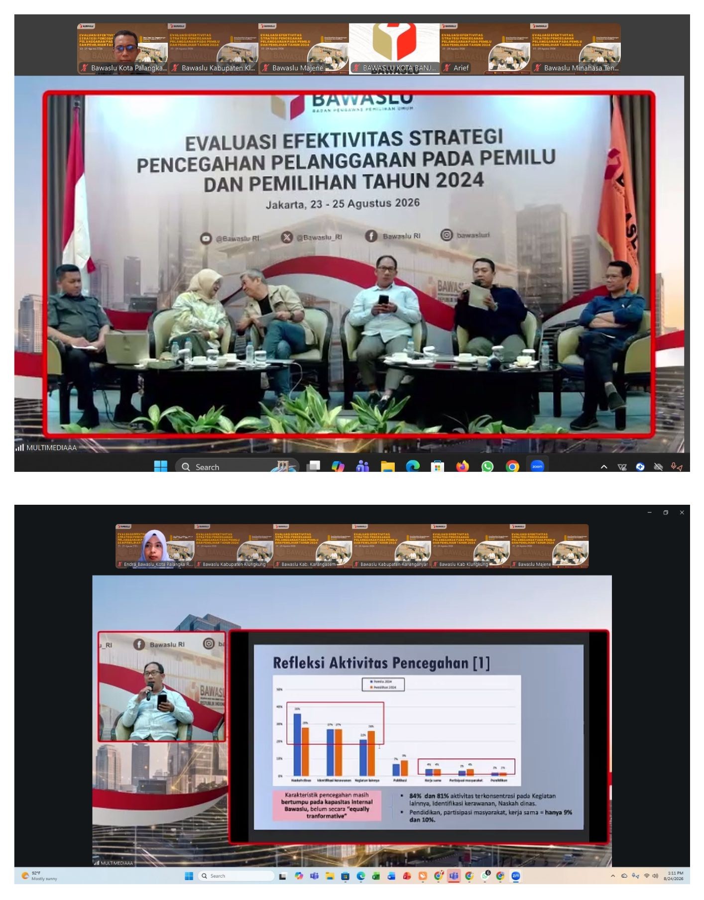 Kegiatan Focus Group Discussion (FGD) Indeks Kerawanan Pemilu (IKP) yang diselenggarakan oleh Bawaslu Republik Indonesia secara daring melalui Zoom Meeting, Senin (24/08/2026)