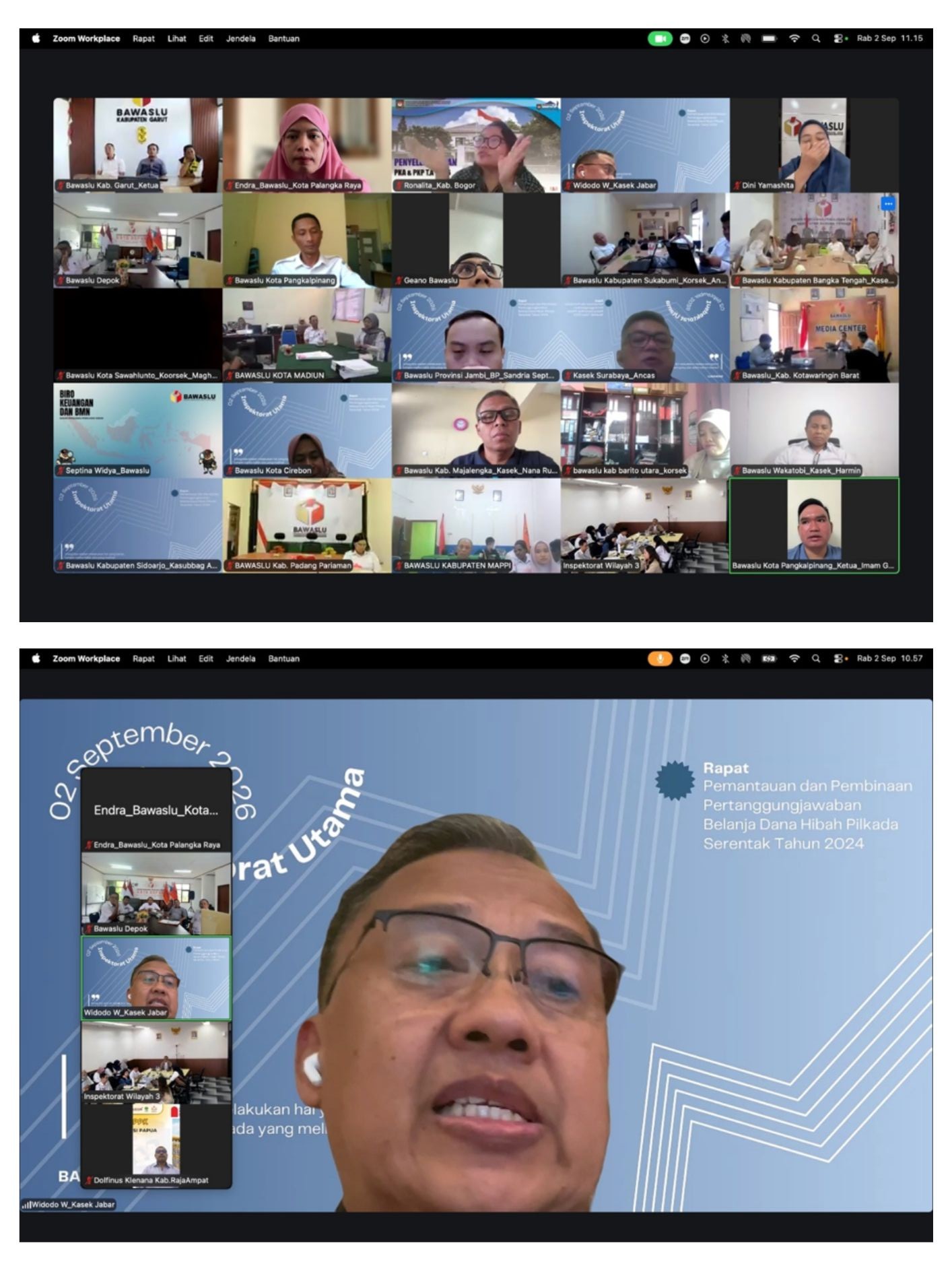 Rapat Pemantauan dan Pembinaan Pertanggungjawaban Belanja Dana Hibah Pilkada Serentak Tahun 2024 melalui aplikasi Zoom Meeting, Rabu (2/9/2026)